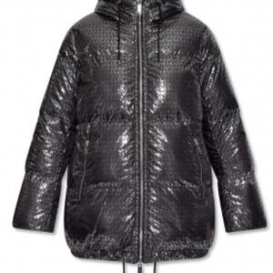 Michael Kors Black Monogram Shiny Womens Medium Puffer Jacket W FREE HAT NWT